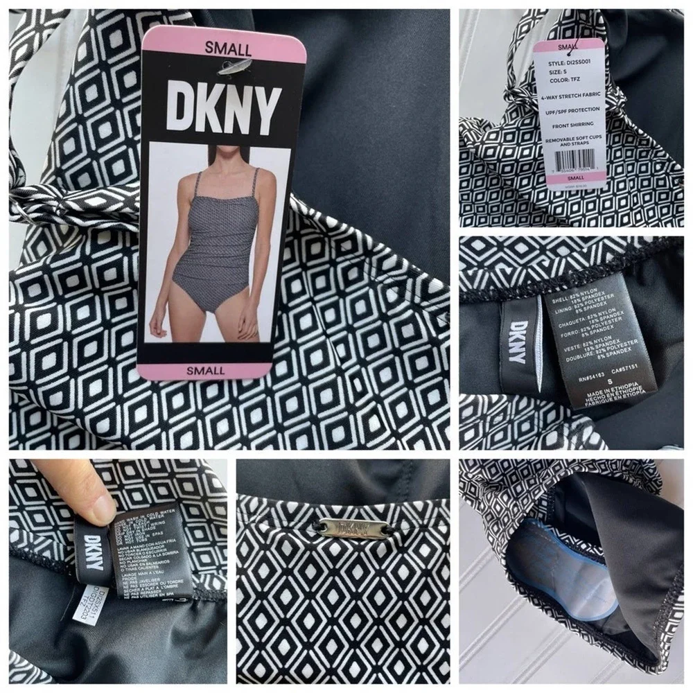 DKNY Swimsuit One Piece Black White Geo Small Bandeau UPF SPF Stretch Straps - Picture 5 of 7